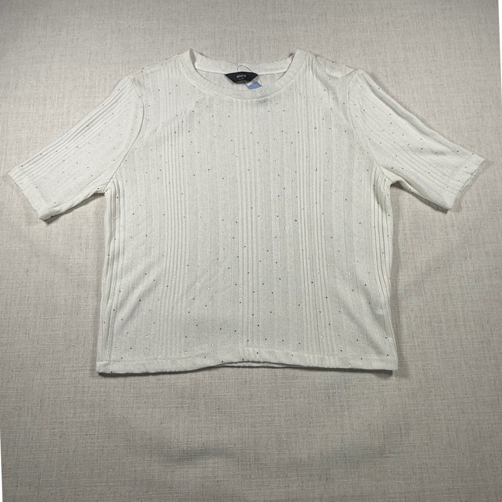Max Ivory Ribbed Knit Top XL Silver Rhinestone Appliques Short Sleeve SFK3601